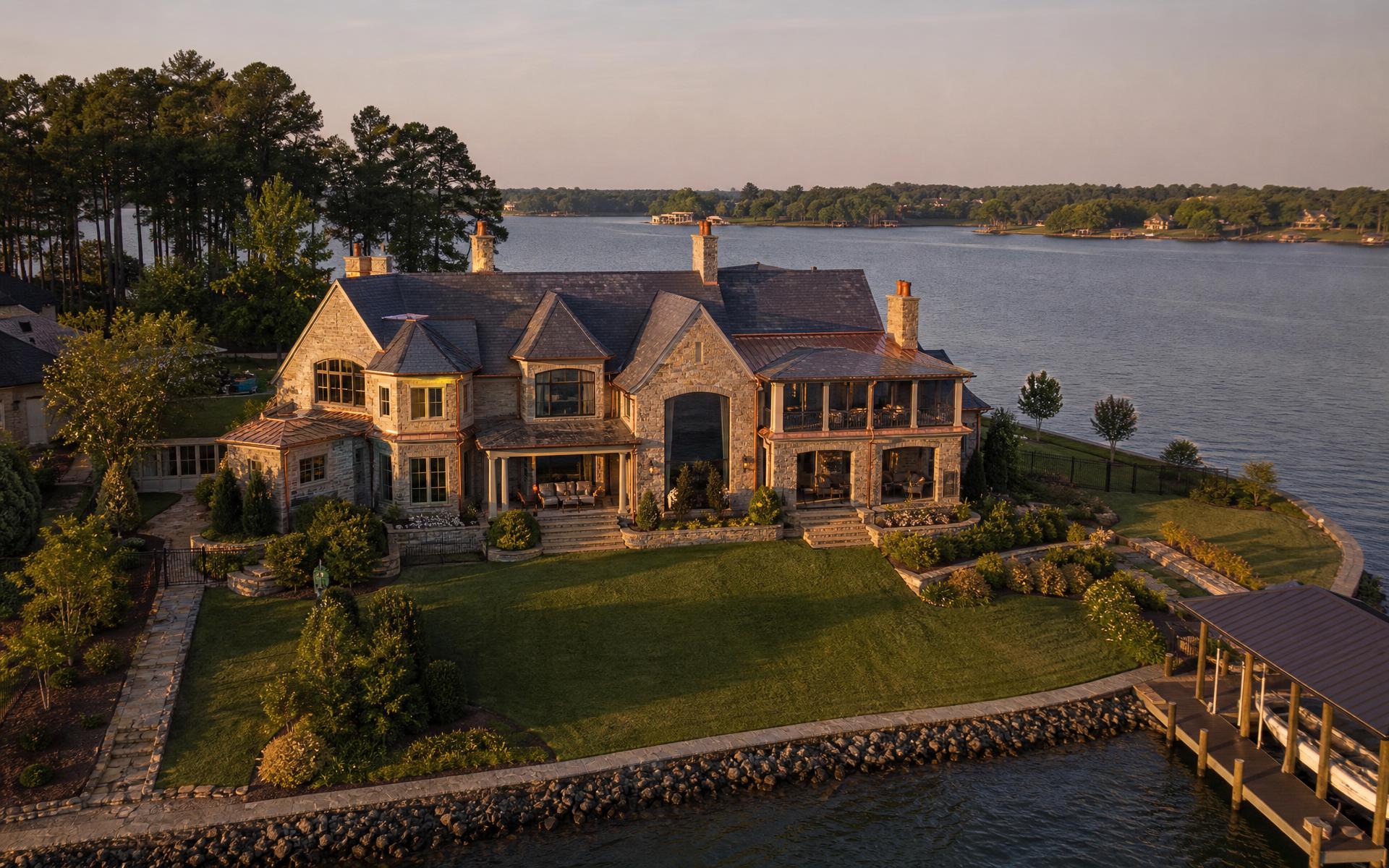 Aerial view of a waterfront estate at The Point on Lake Norman